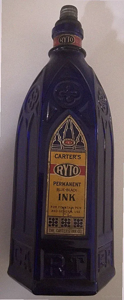 Antique Carter’s RYTO Permanent Ink Cobalt Blue Cathedral Bottle With Stopper