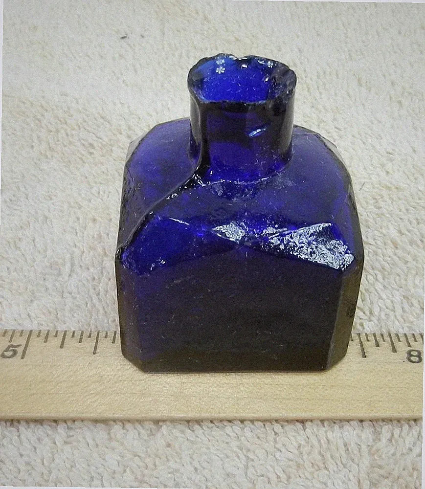 ANTIQUE Early FANCY SQUARE DEEP COBALT BLUE INK WELL BEVELED GLASS BOTTLE