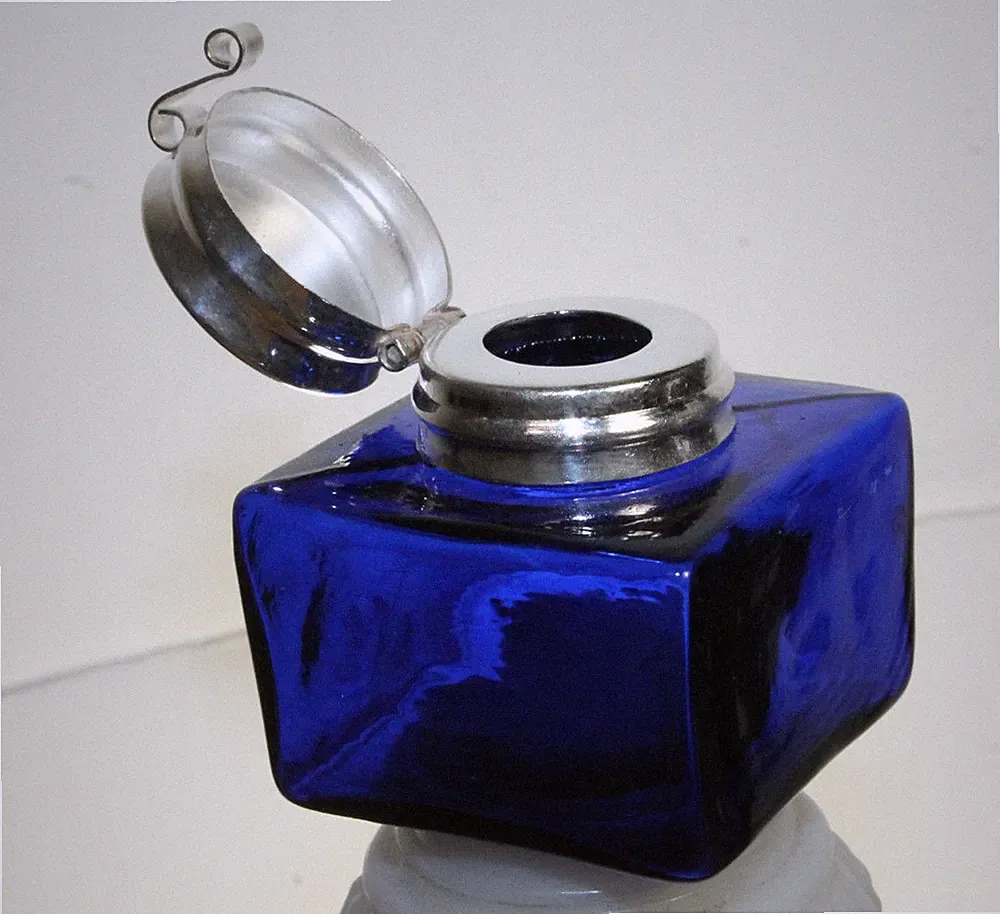 Vintage Antique Style Square Cobalt Blue Glass Inkwell Bottle ink