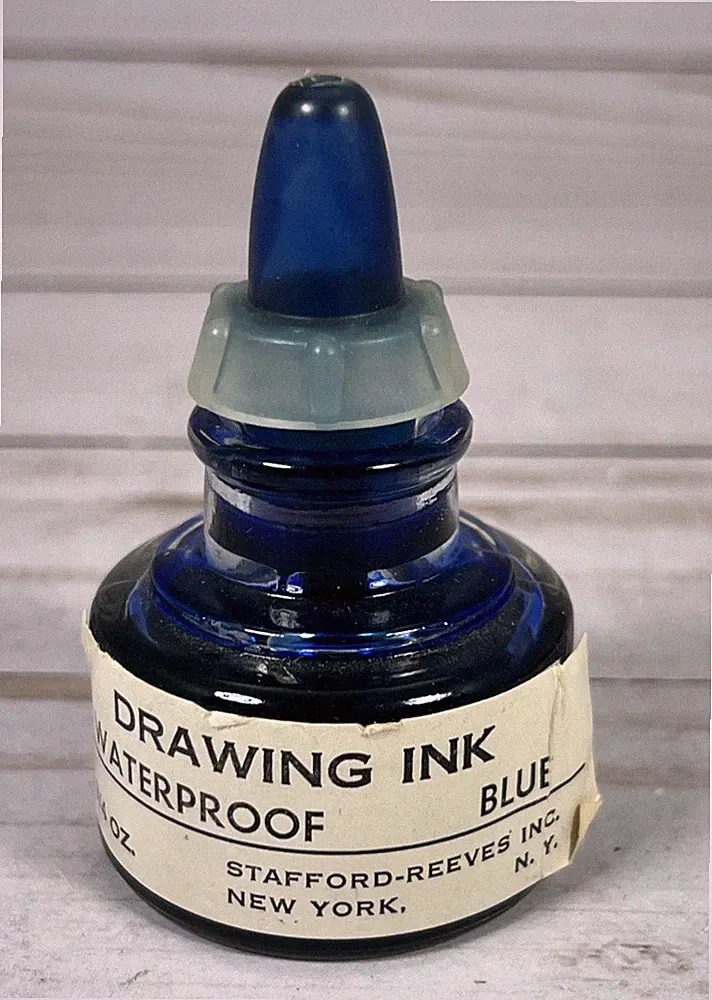 Vintage Stafford-Reeves Blue Drawing Ink Bottle w/ Ink